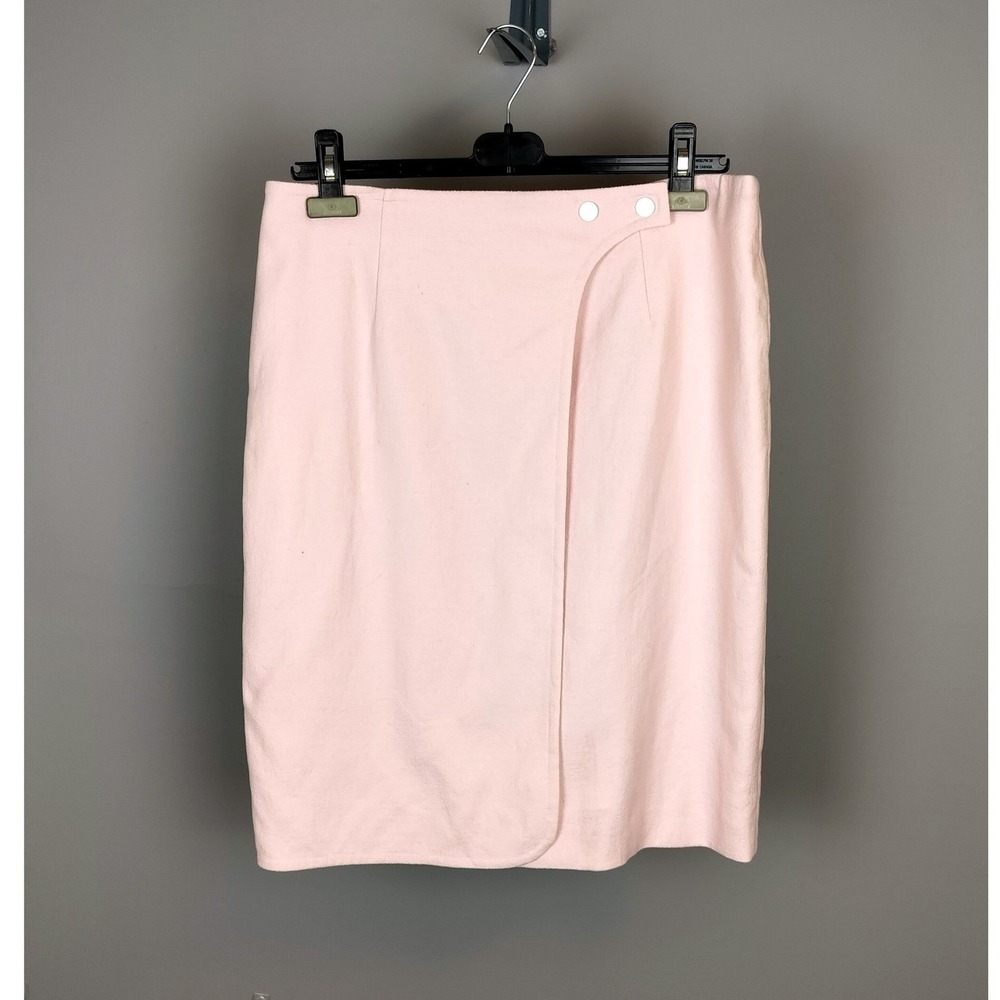 Paule Ka Cotton Blend Wrap Front Pencil Skirt Pink Button Detail Tailored